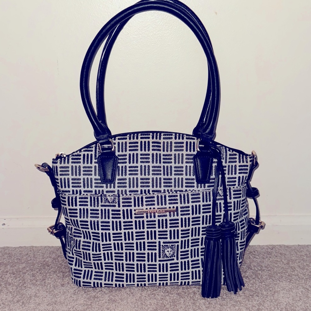 Anne Klein Lion Tote Purse Black Beige Designer Handbag Shoulder Bag